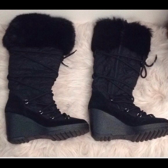 COACH SOFIE Rabbit Fur Trim Monogram, Knee High Platform Snow Boots, Black, Sz 8 - Picture 5 of 8